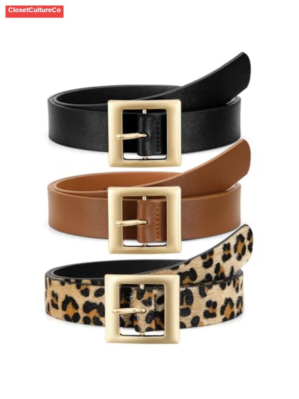 3 Pack Women's PU Leather Skinny Belt with Gold Buckle for Jeans